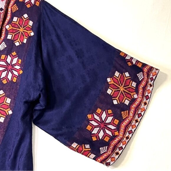 TIME FOR ME Aztec Print Cardigan with Fring Blue/Red Oversized Boho Size S/M - Picture 4 of 10